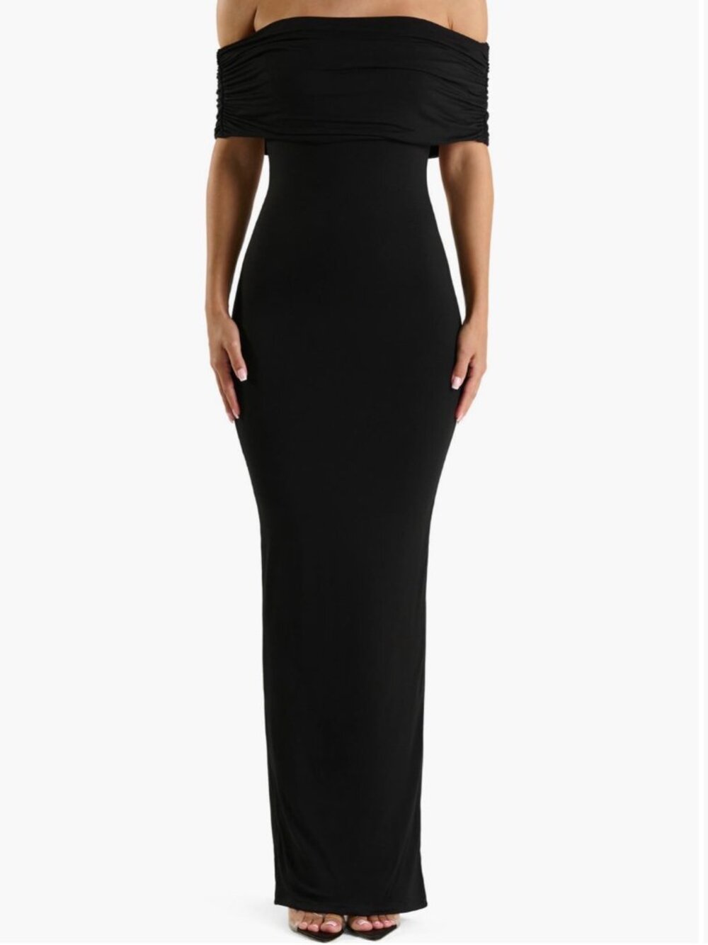Naked Wardrobe Off the Shoulder Open Back Bodycon Black Maxi Dress NWOT Sz Small